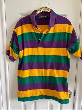 Mardi Gras Men's Bold Striped Polo Shirt - Purple, Green & Yellow